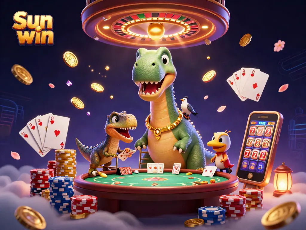 Experience the excitement of Sun win with vibrant casino elements in a captivating 3D scene.