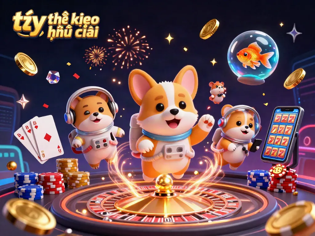 Experience the dynamic action of tỷ lệ kèo nhà cái in this vibrant 3D illustration showcasing a floating casino scene.