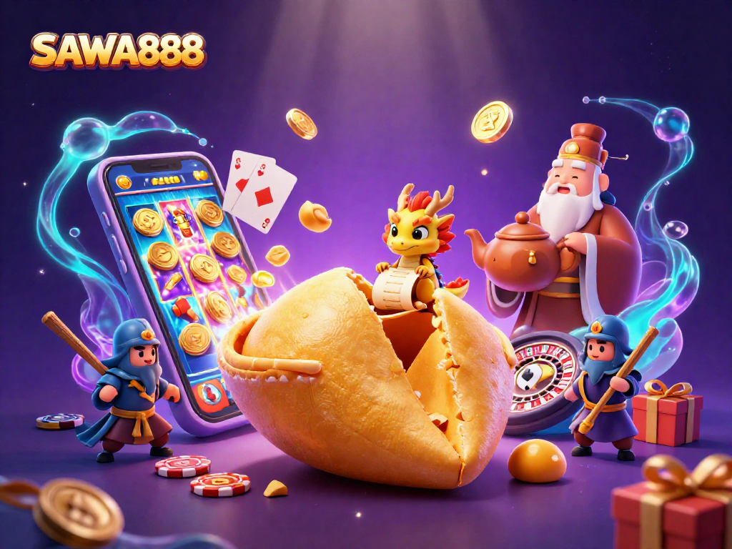 Engage with SAWA888's vibrant gaming scene highlighting a golden fortune cookie and slot games in dynamic action.
