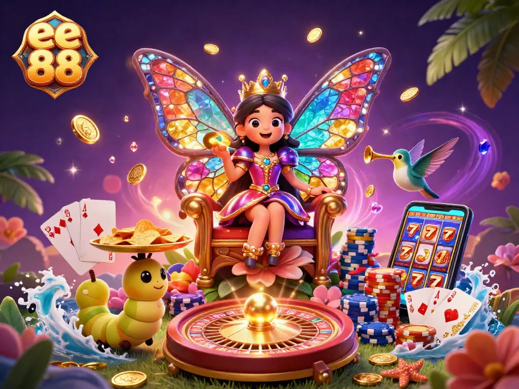Win at ee 88 with a vibrant casino scene featuring butterfly queen and roulette wheel.