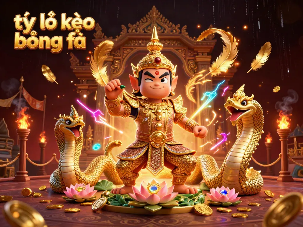 Engaging scene showcasing tỷ lệ kèo bóng đá with friendly guardian and golden Naga serpents amidst dynamic betting elements.