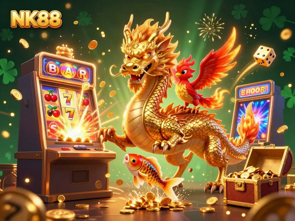 Experience a thrilling NK88 casino adventure with a dragon, phoenix, and lucky fish amidst a jackpot scene.