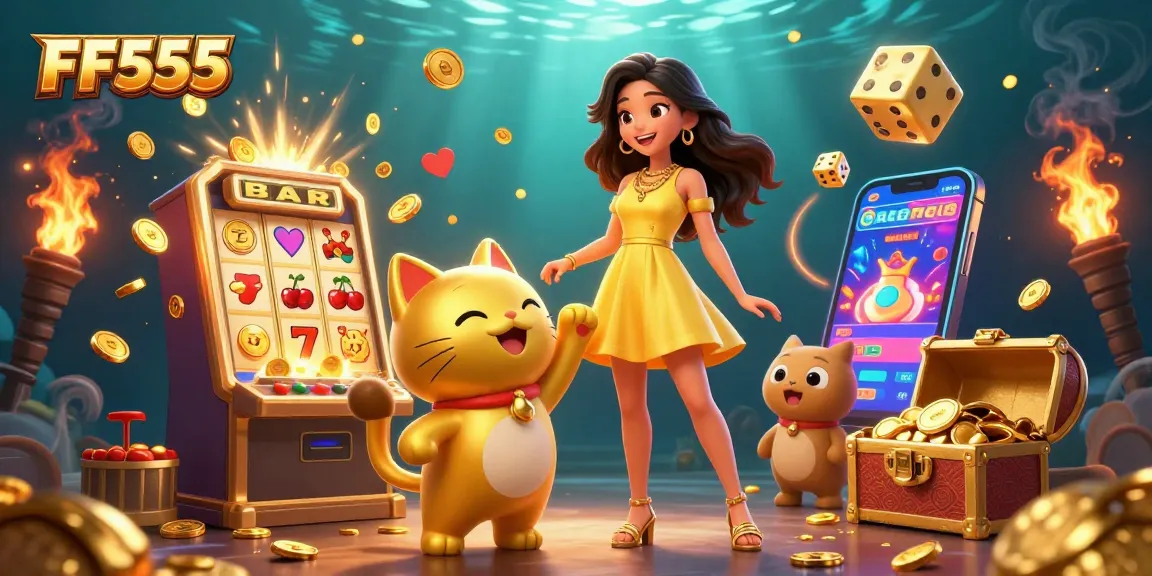 Experience thrilling gaming at FF555 with golden jackpots and festive coin showers.
