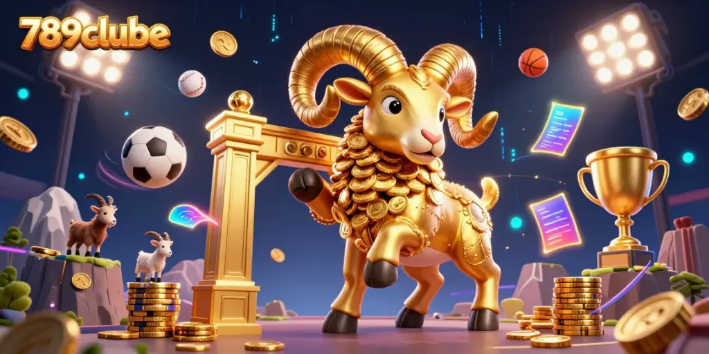 Engaging scene of a golden ram charging and sports elements featuring 789clube, showcasing excitement.