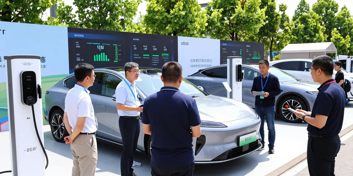 Outdoor EV technology showcase featuring electric vehicles, charging stations, and innovative battery solutions at a vibrant expo.