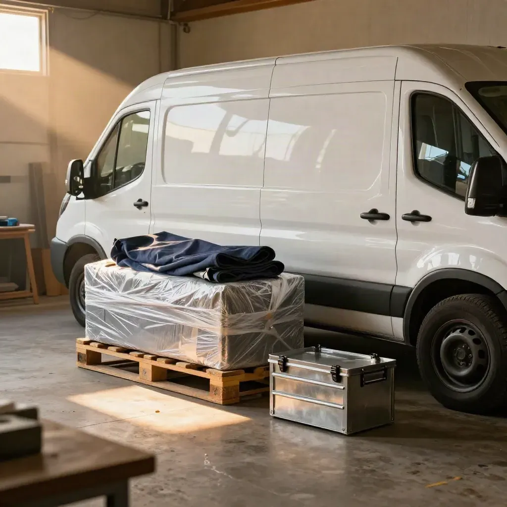 White transit van, wrapped machine and tool chest in a cozy workshop bay with warm late light.