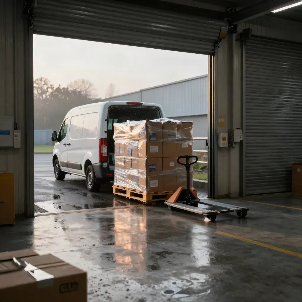 Moody warehouse loading bay with van, pallets, cartons and pallet truck in wet afternoon light.