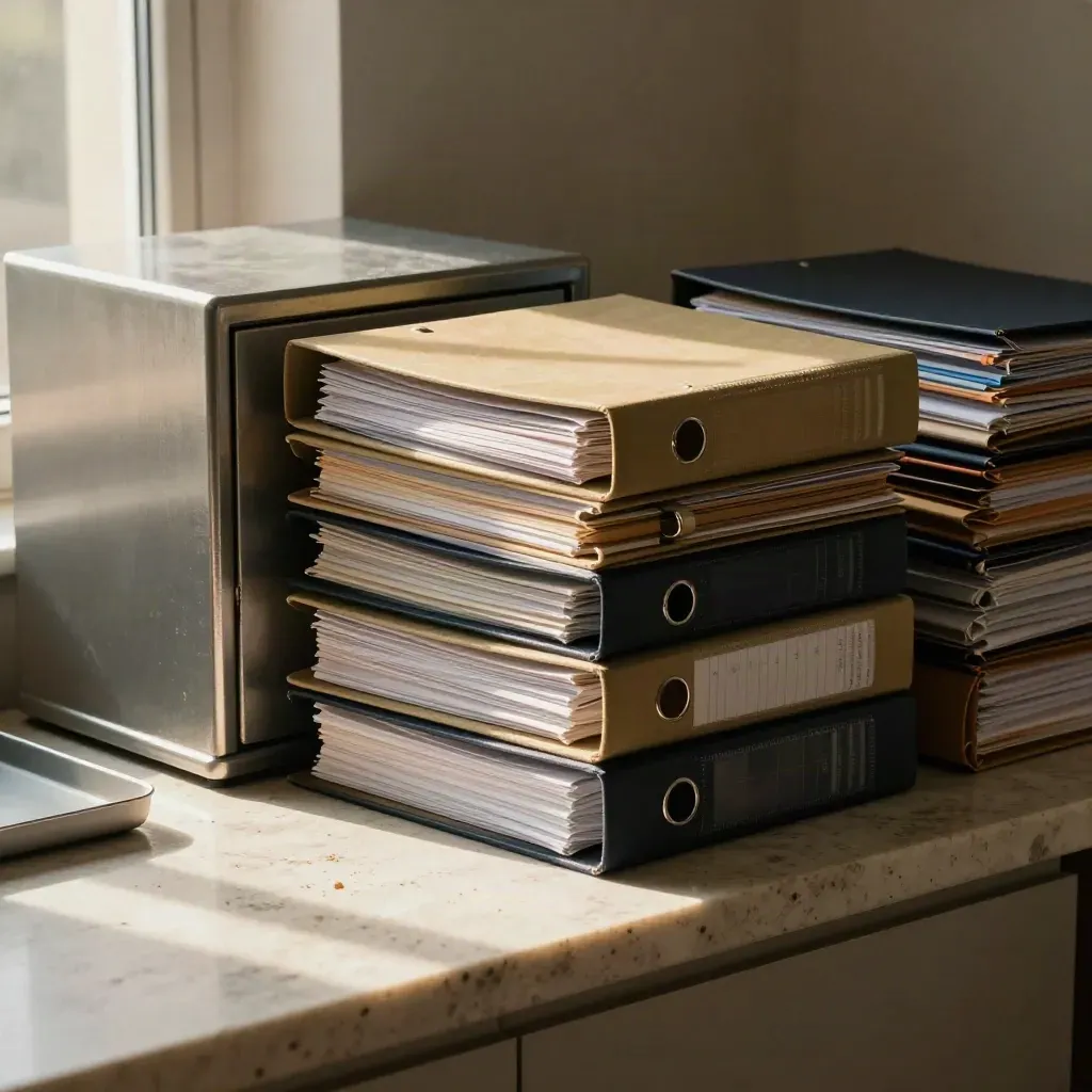 Closed binders, steel safe and file stacks on stone, lit in a moody finance archive corner.