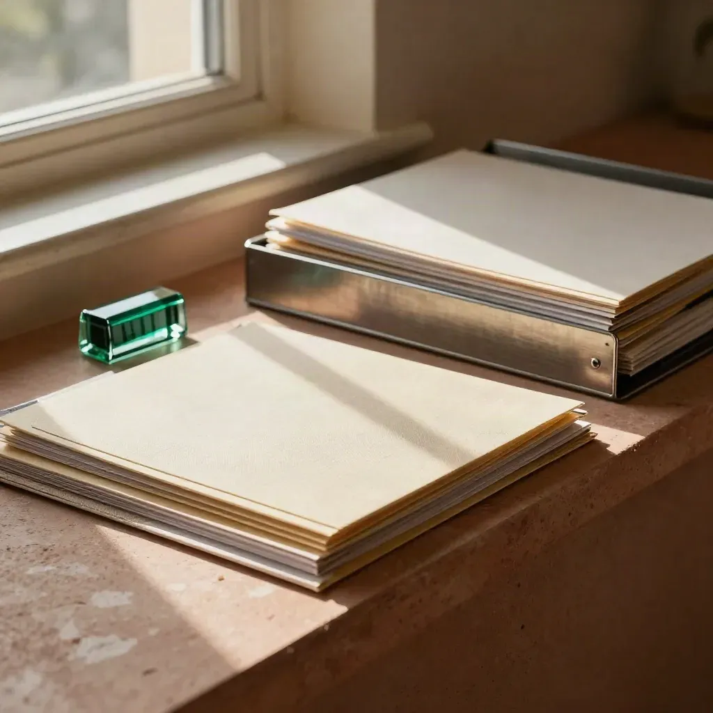 Sunlit lender folders, steel tray and emerald glass marker on a warm plaster ledge.