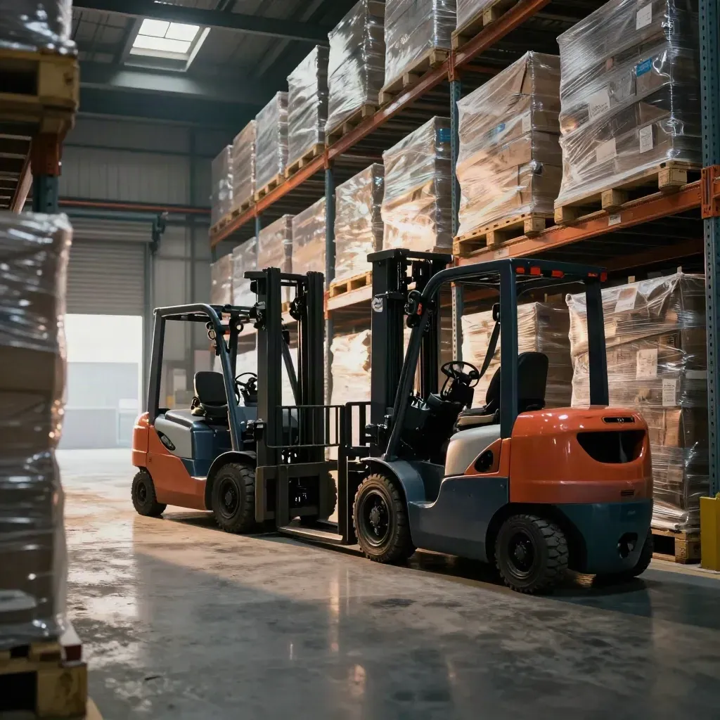 Two forklifts in a hazy warehouse aisle beside wrapped stock and tall racking