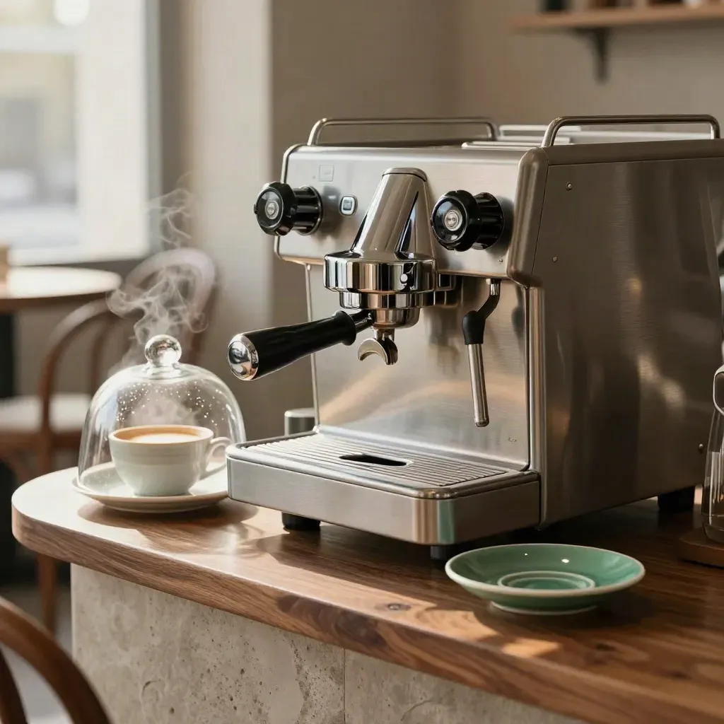 Macro of a pristine café espresso machine, pastry dome, crema cup, and emerald saucer in soft haze.