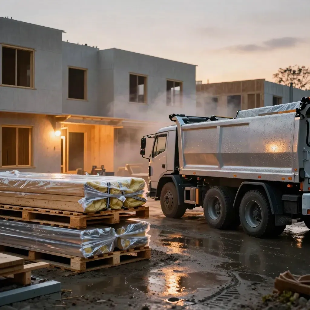 Damp residential build site with stacked timber, wrapped materials and a parked tipper truck.