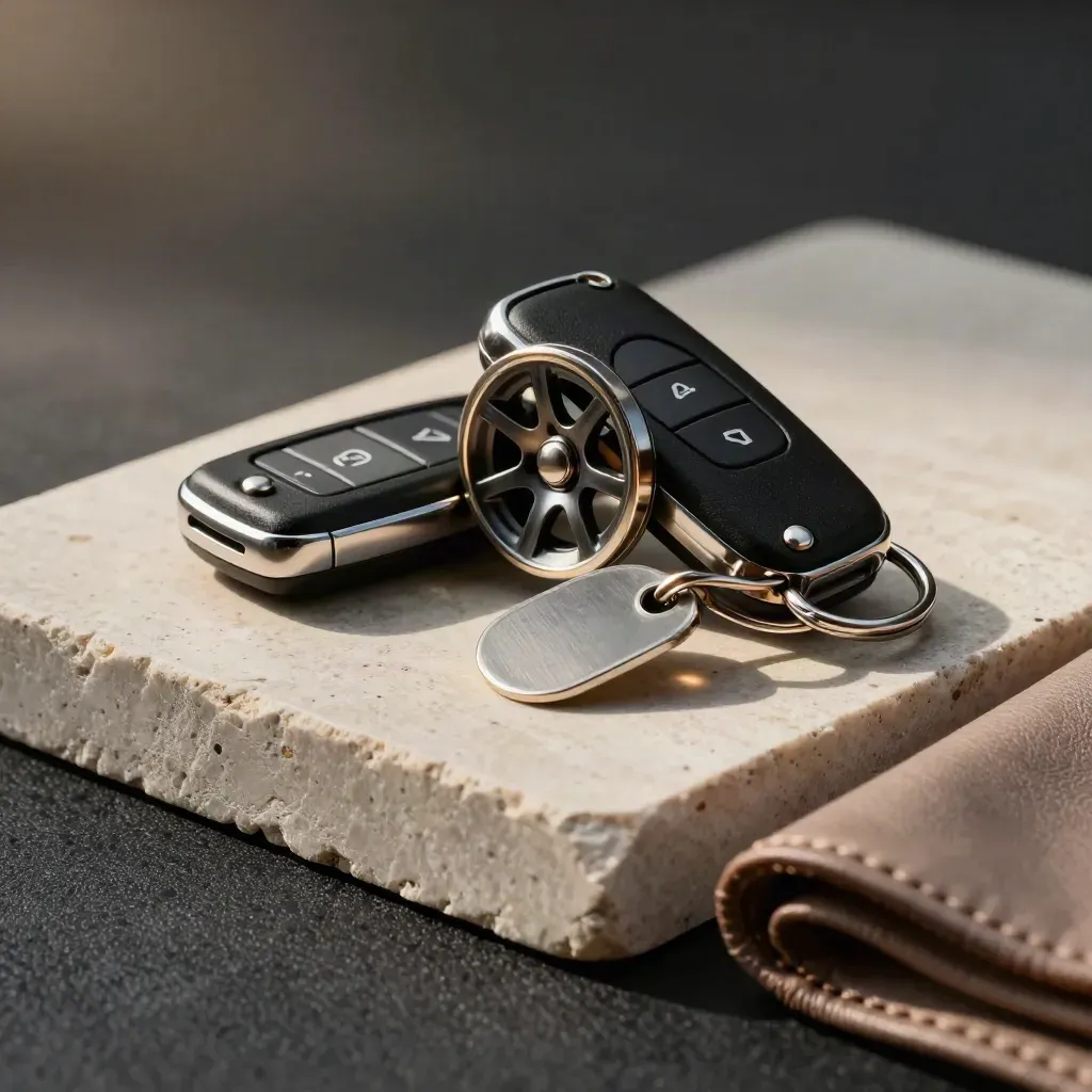 Key fob, miniature alloy wheel and metal token on pale stone with dramatic silver light.
