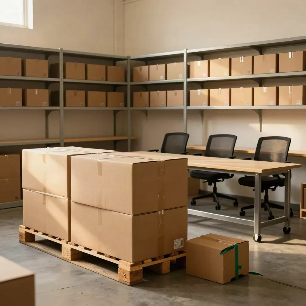 Fulfilment room with cartons, shelving and spare chairs, lit by soft daylight.