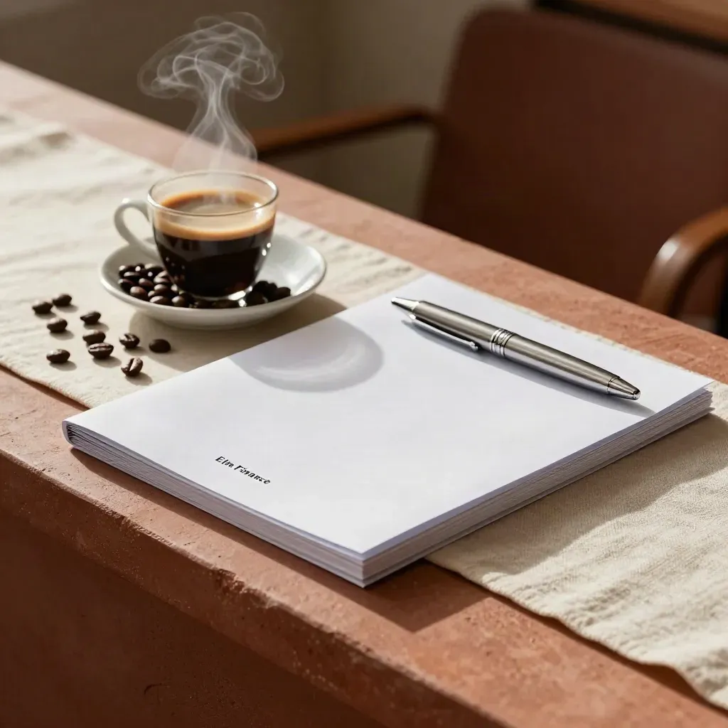 Espresso cup, coffee beans, sealed folder and silver pen case on a terracotta ledge
