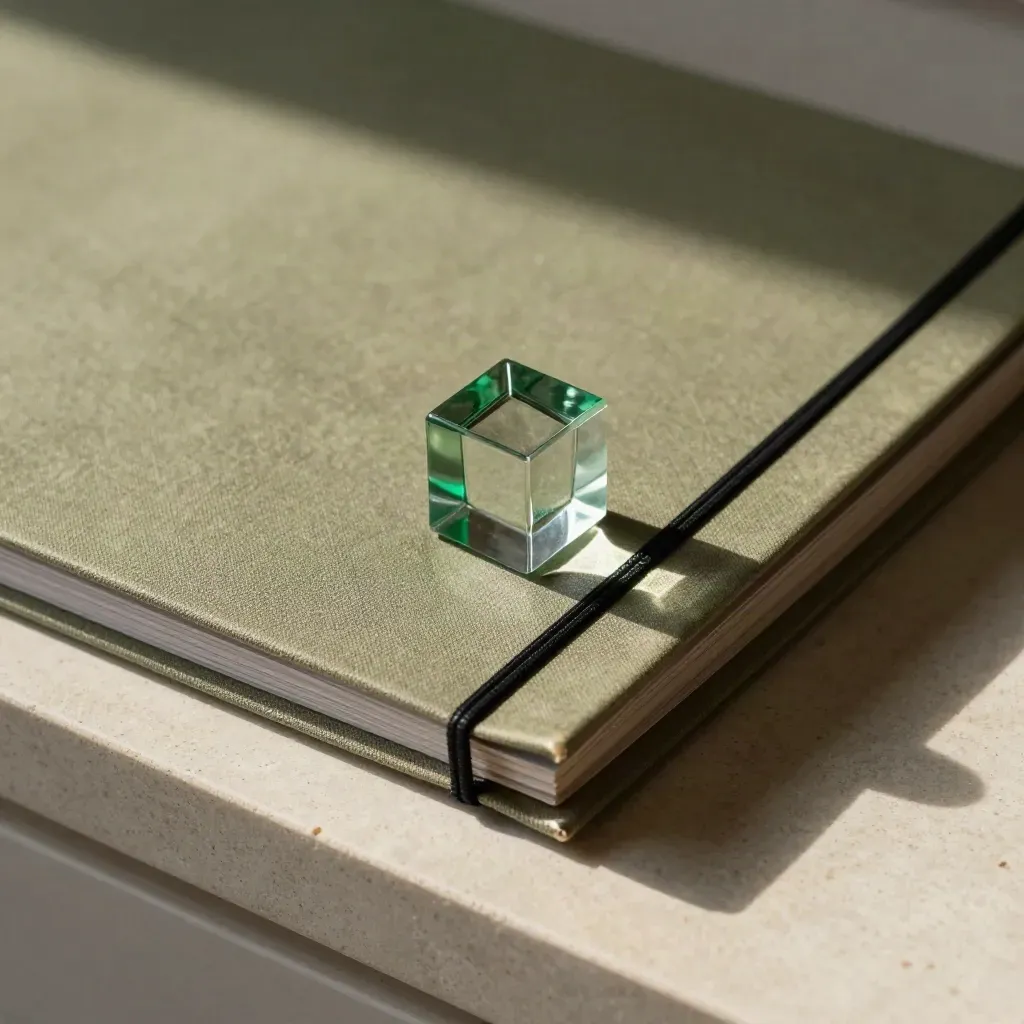Closed khaki file, black elastic and pale green glass cube on a stone ledge.