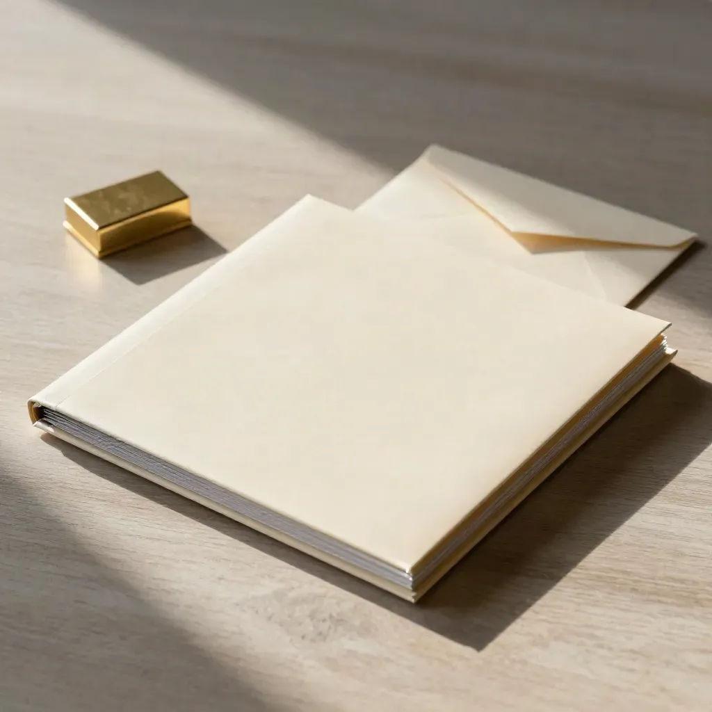Top-down still life of a cream folder, envelope and brass marker block on pale wood.