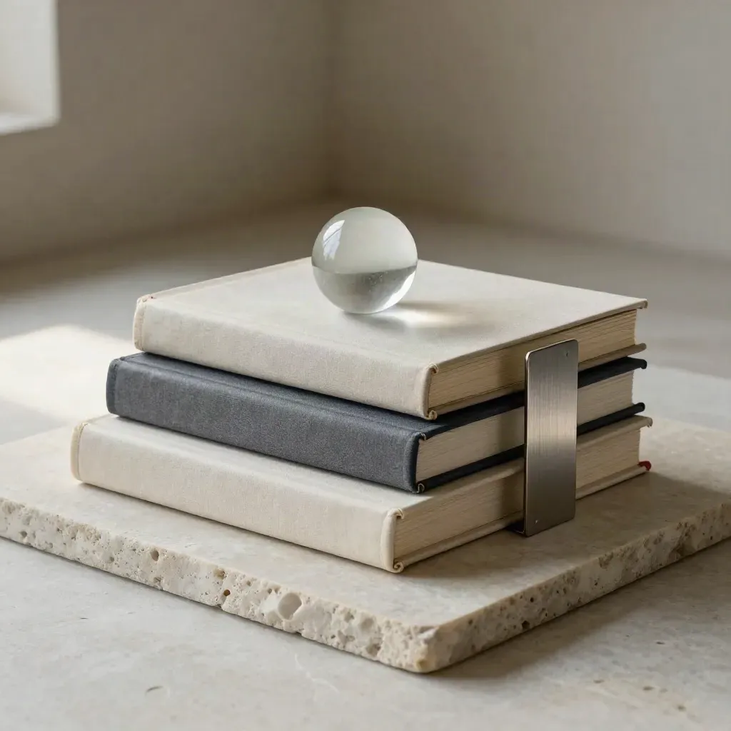 Three closed finance files, a frosted paperweight and metal divider on stone, softly lit.