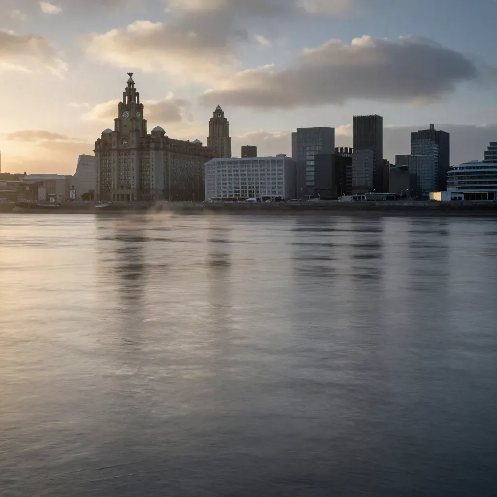 Liverpool waterfront silhouette over a calm Mersey at dusk, framed high with reflective water below.