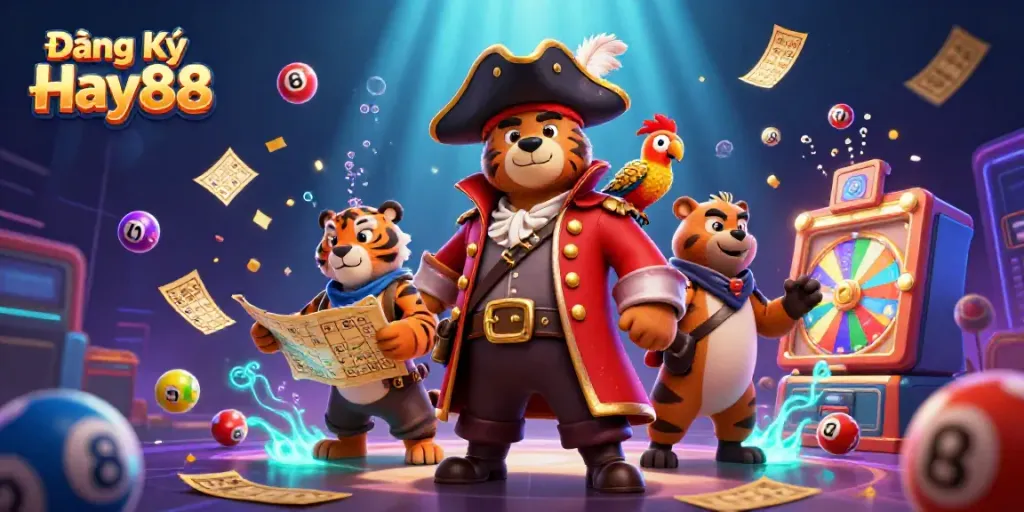 Engage in Đăng Ký Hay88 with a dynamic scene featuring a pirate captain bear and colorful casino elements.