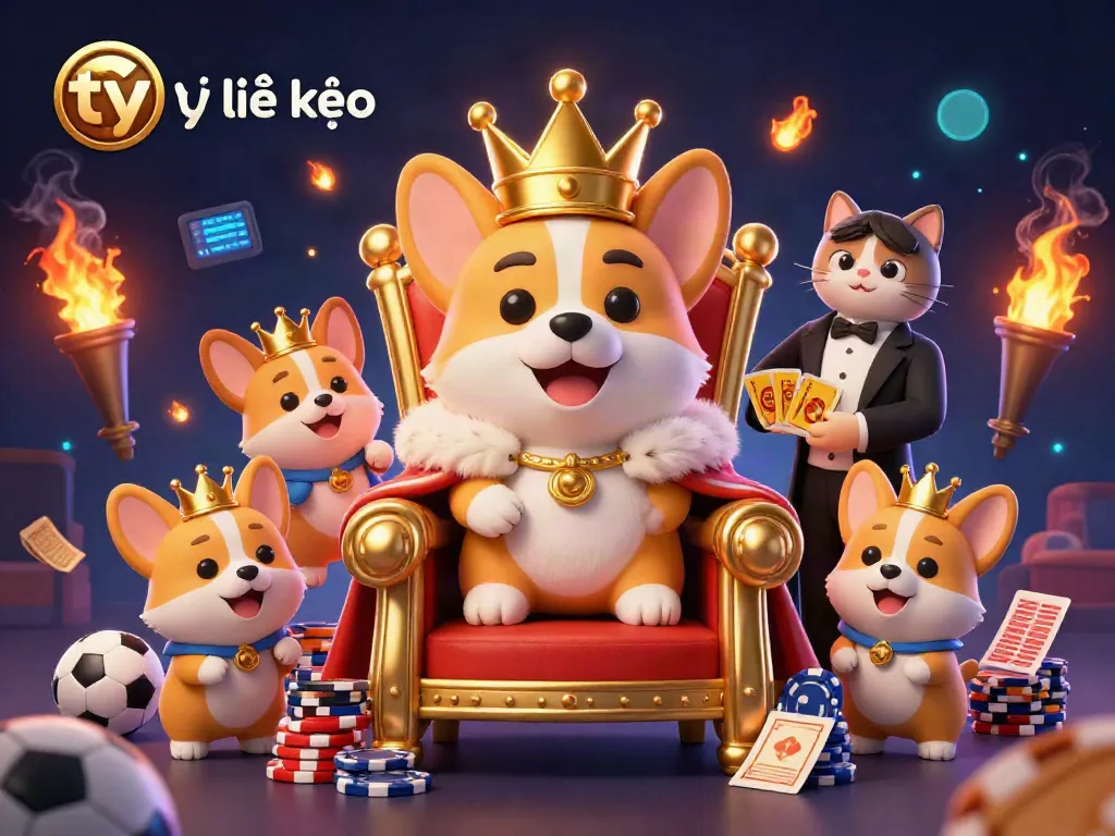 Bet on tỷ lệ kèo as royal corgis celebrate on a throne surrounded by sports betting excitement.