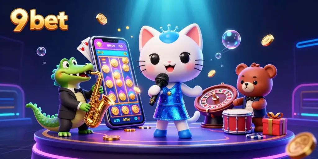 Experience the excitement of 9 bet with vibrant casino-themed 3D illustration featuring lively characters and rich game elements.