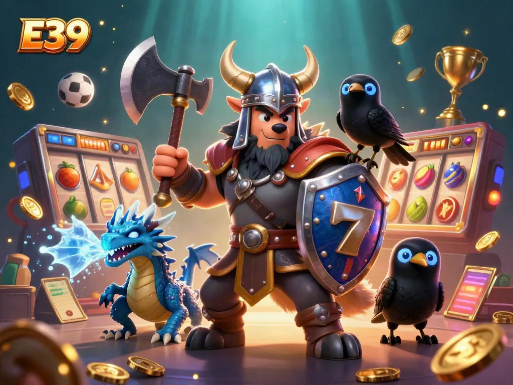 E39 casino adventure featuring a Viking wolf warrior, dragon, and raven with slot reels and sports balls.