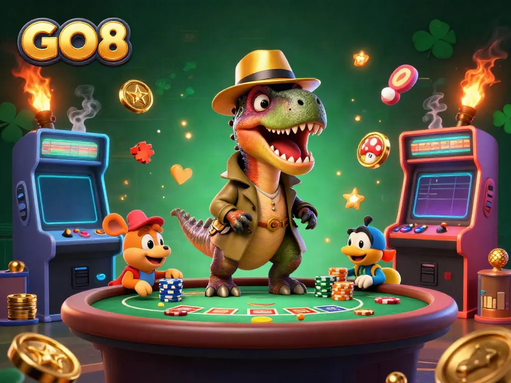 Experience exciting gameplay at GO8 with whimsical characters including a velociraptor card counter.