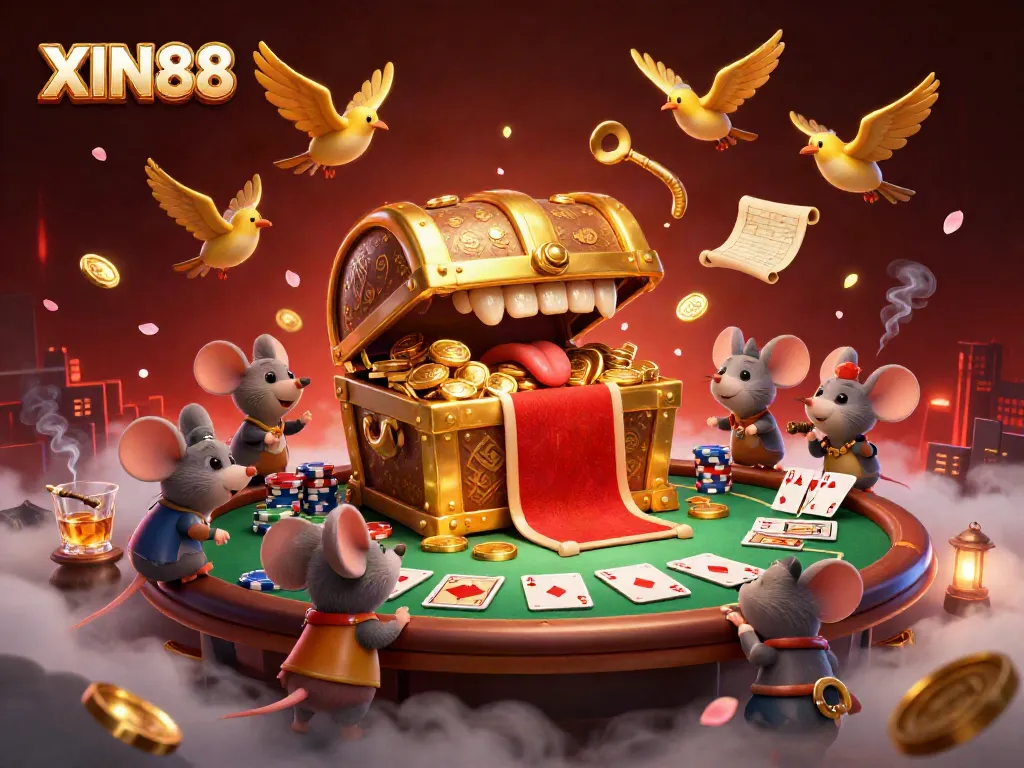 Engaging adventurer mice attracted by XIN88's treasure chest in a vibrant casino scene.