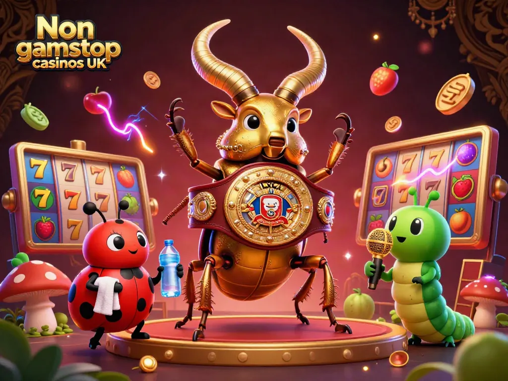 3D cartoon rendering showcasing Non gamstop casinos UK with vibrant slot machine elements and dynamic characters.