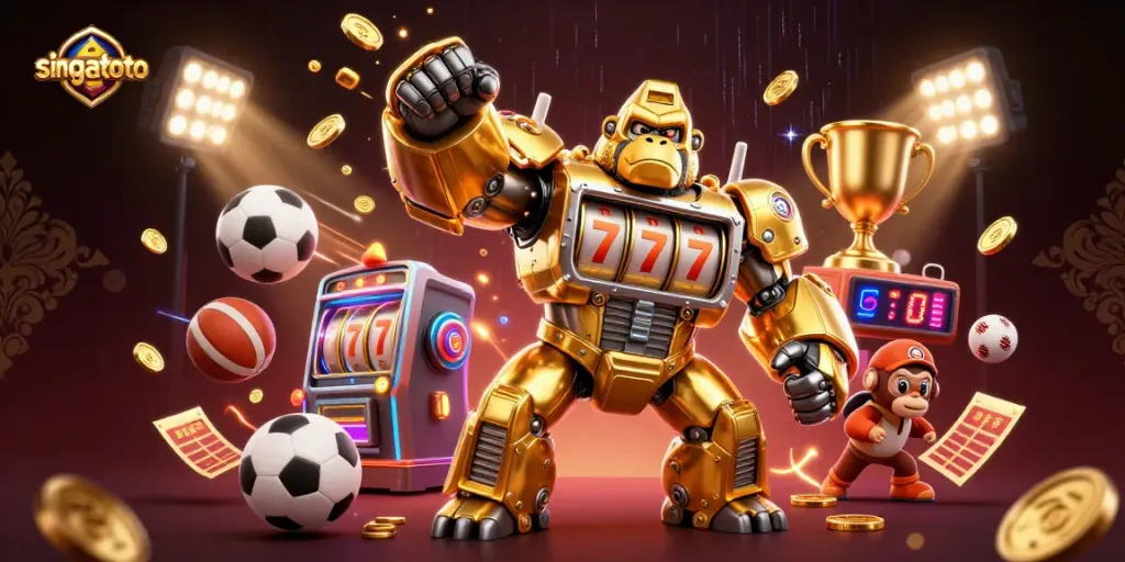 Engage with singatoto's dynamic gaming experience featuring a golden gorilla mech amidst explosive sports action.