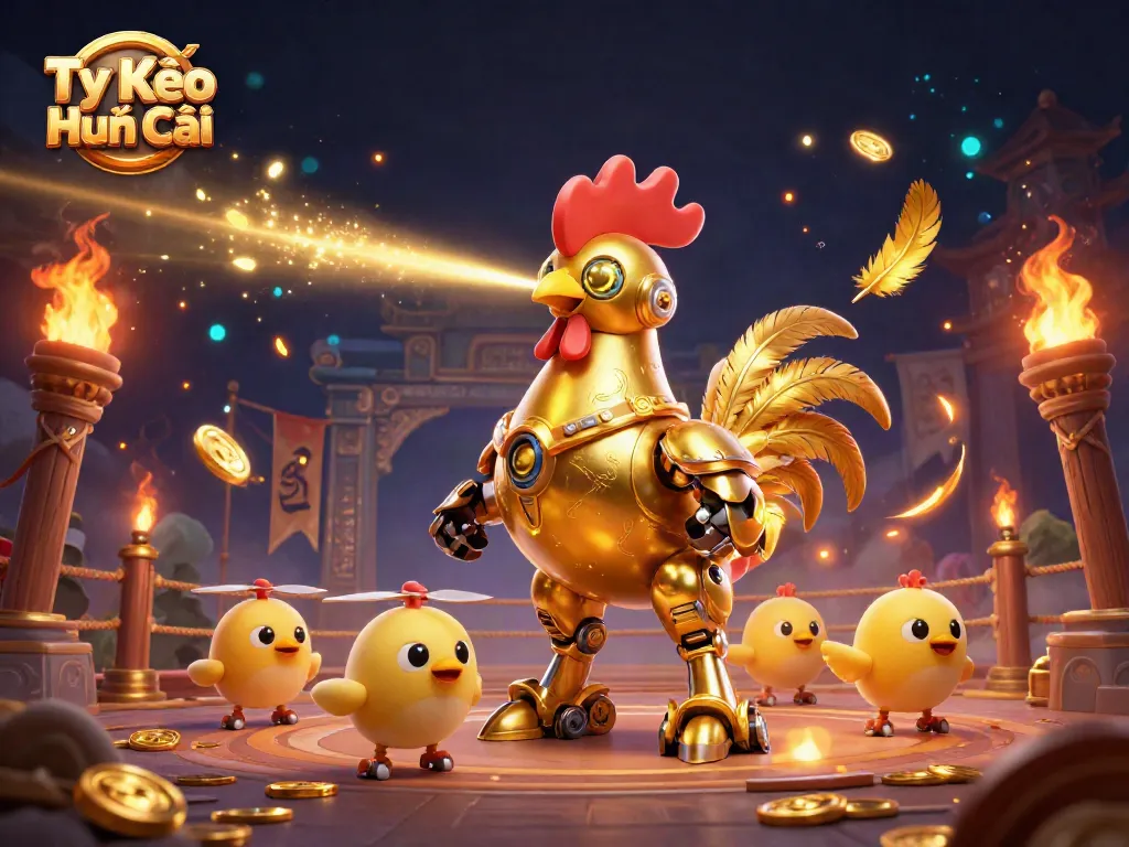 Tỷ lệ Kèo Nhà Cái showcased vividly with a golden rooster robot and drones in a rich betting scene.