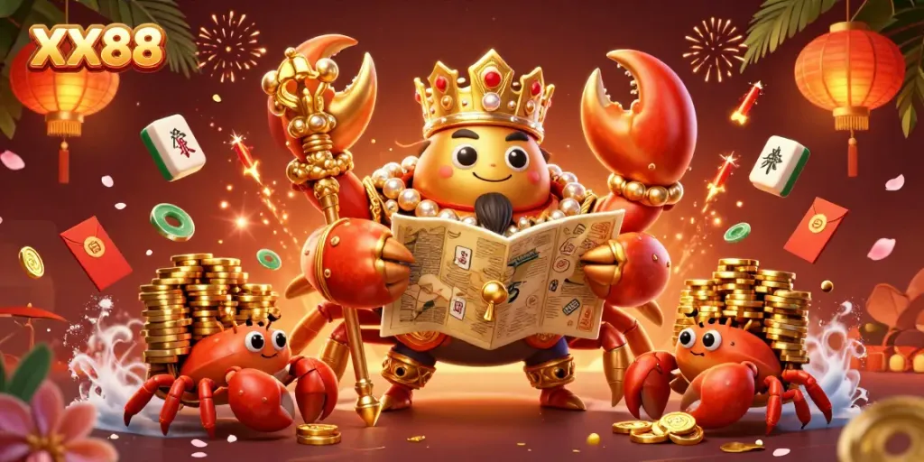 Experience thrilling action at XX88 with a majestic golden crab emperor and treasure in a dynamic casino scene.