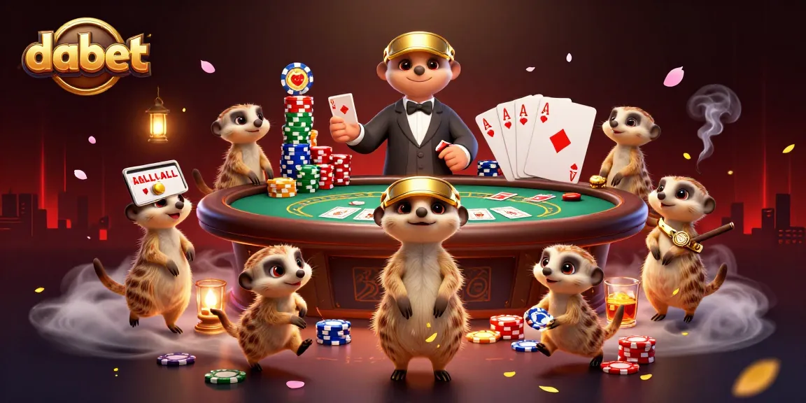 Dabet casino scene featuring meerkats joyfully playing poker, showcasing vibrant characters and game elements.
