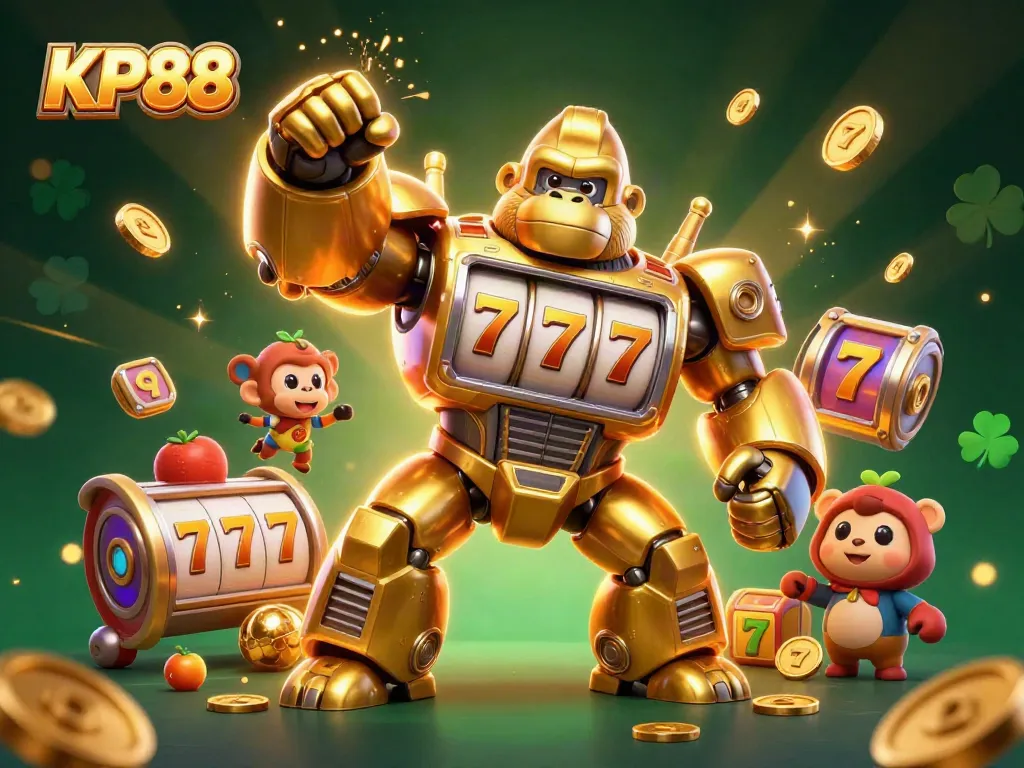 KP88 features a golden gorilla mech punching upward amidst dynamic slot game elements.