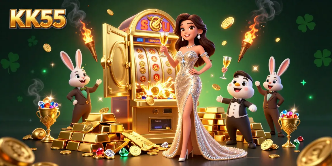 Celebrate wins at KK55 with stunning visuals of golden slots and lively atmosphere.