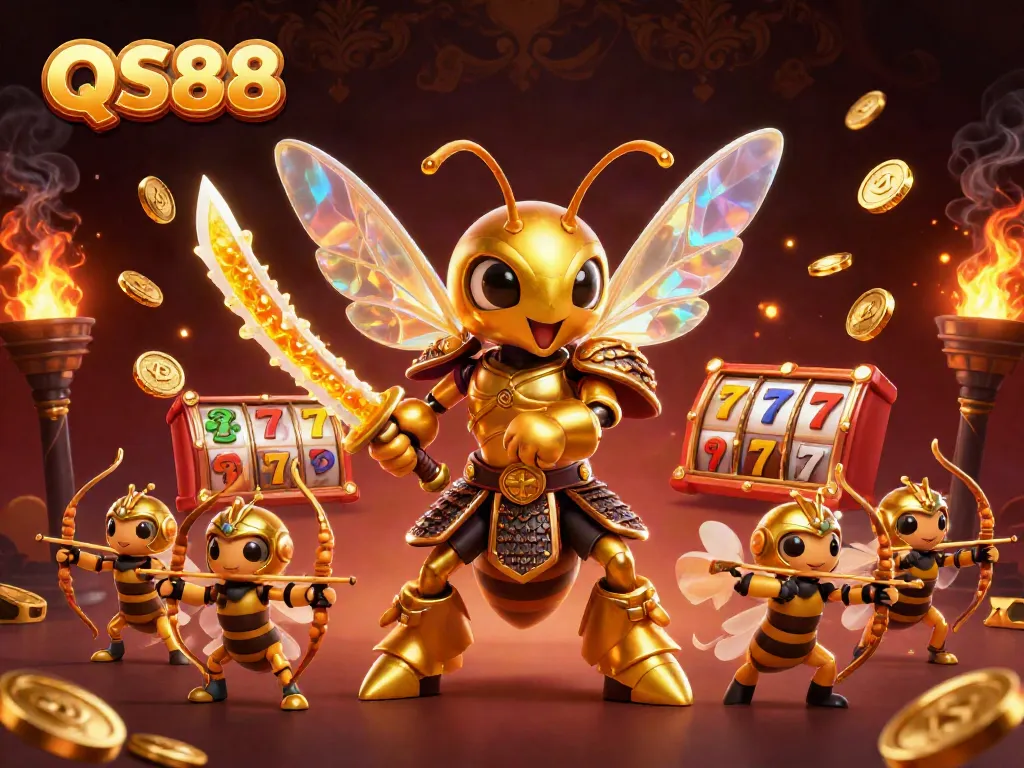 Experience the excitement of QS88 with a thrilling dynamic illustration of a golden samurai hornet and bee archers.