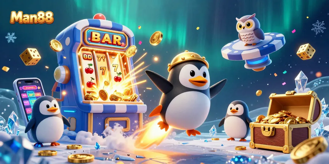 Experience the excitement of Man88 with a rocket-powered penguin amidst a dynamic casino scene.