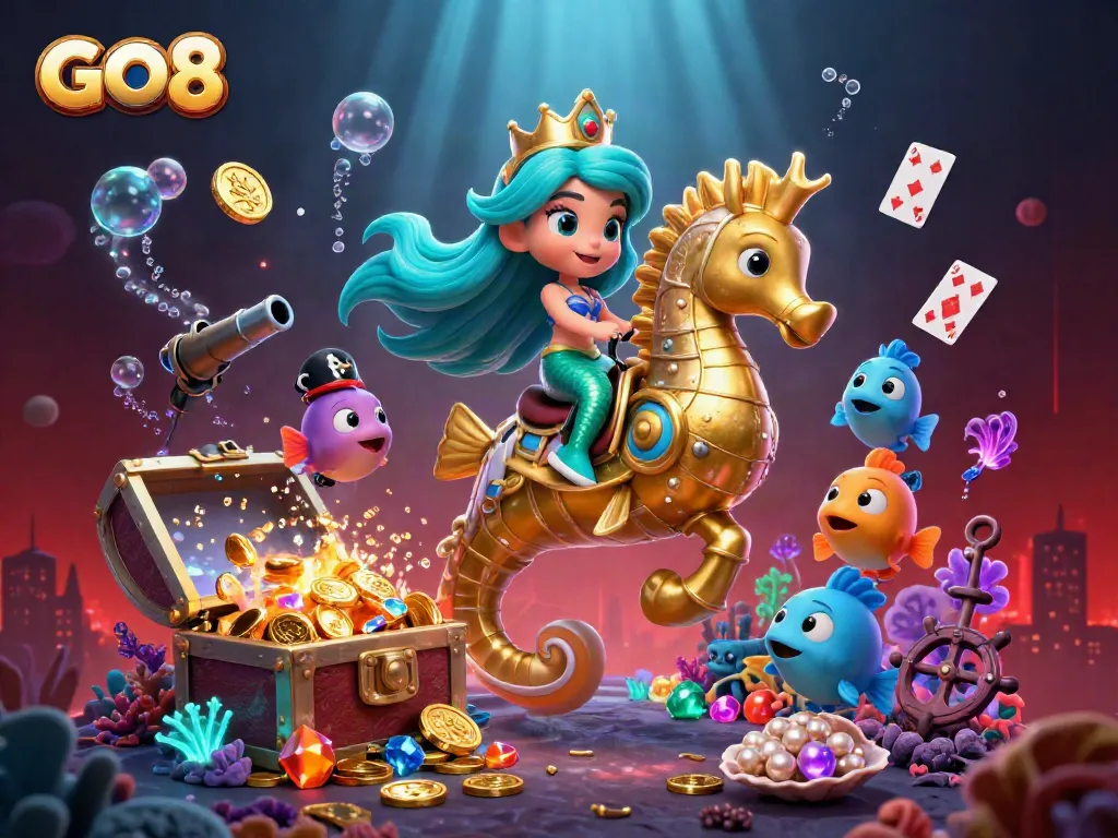 GO8 gaming illustration featuring a mermaid, a seahorse, and colorful fish amidst treasure and casino elements.