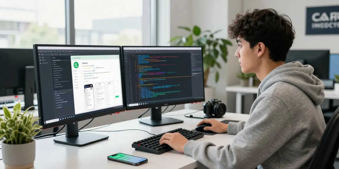 Developer in workspace coding WhatsApp下載 app, showcasing tech tools and modern office ambiance.