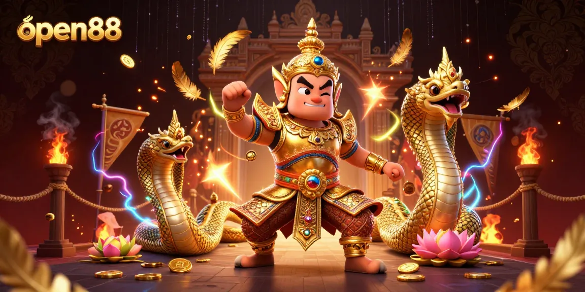 Experience open88 with a vibrant casino scene featuring a golden guardian, Naga companions, and dynamic gaming elements.