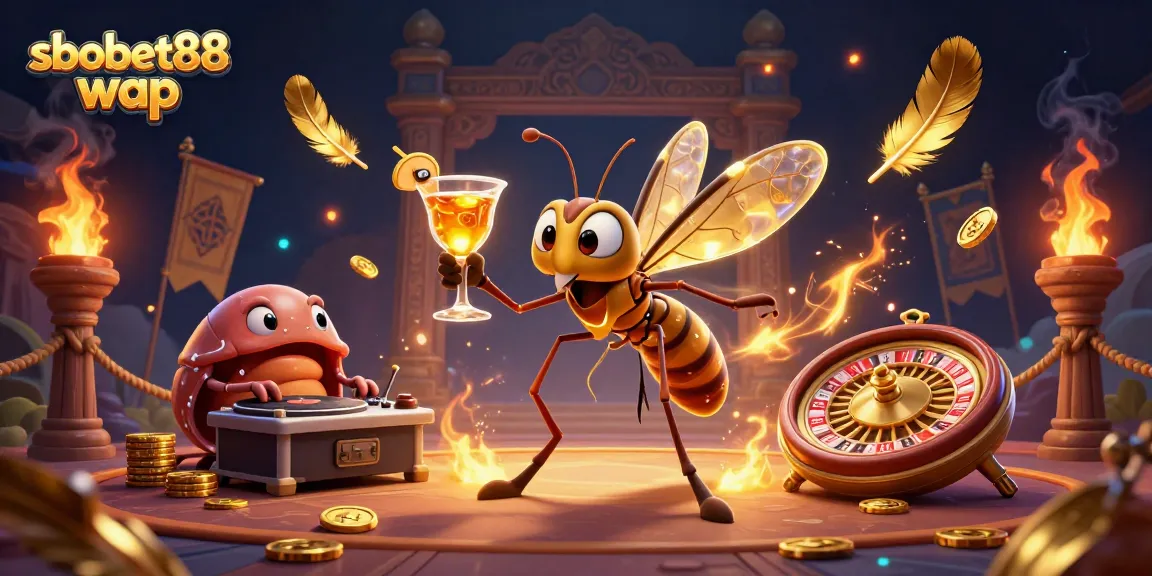 Experience thrilling sbobet88 wap with a vibrant casino scene featuring a frozen mosquito mascot.