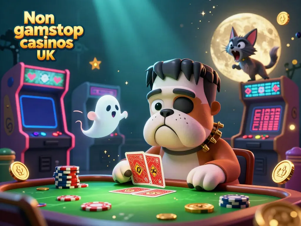 Experience the excitement of Non gamstop casinos UK with a lively 3D illustration of a bulldog dealing cards.