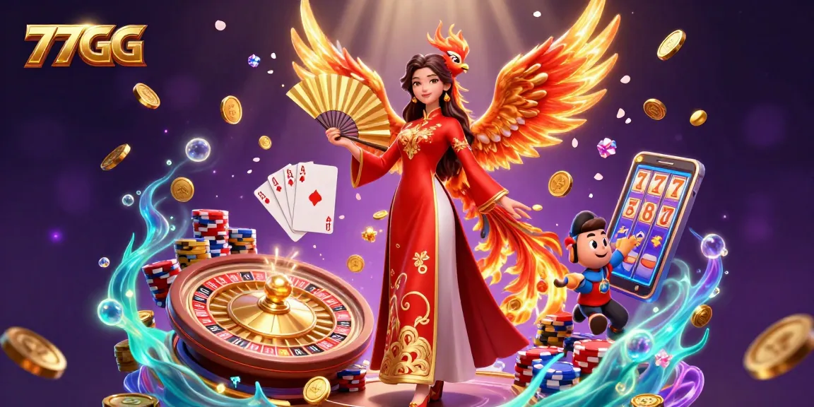 Experience thrilling wins at 77GG with a captivating 3D casino scene featuring vibrant characters and game elements.