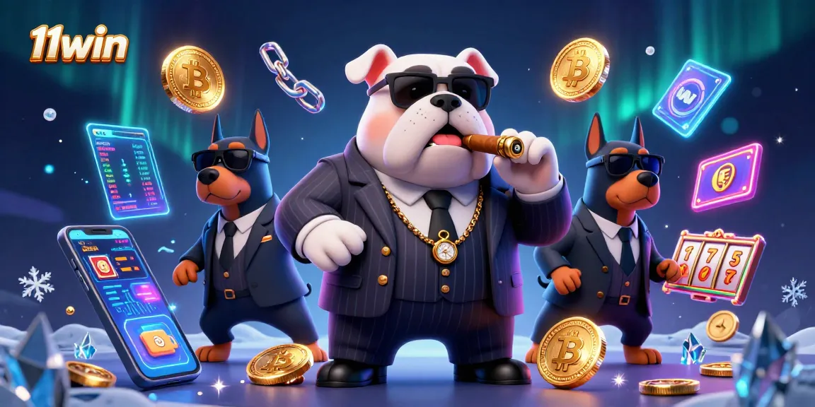 11win showcases a casino scene with 3D characters and vibrant crypto elements for gamer's thrills.