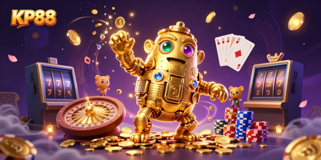 Experience thrilling games at KP88 with a vibrant illustration featuring a golden golem and casino elements.