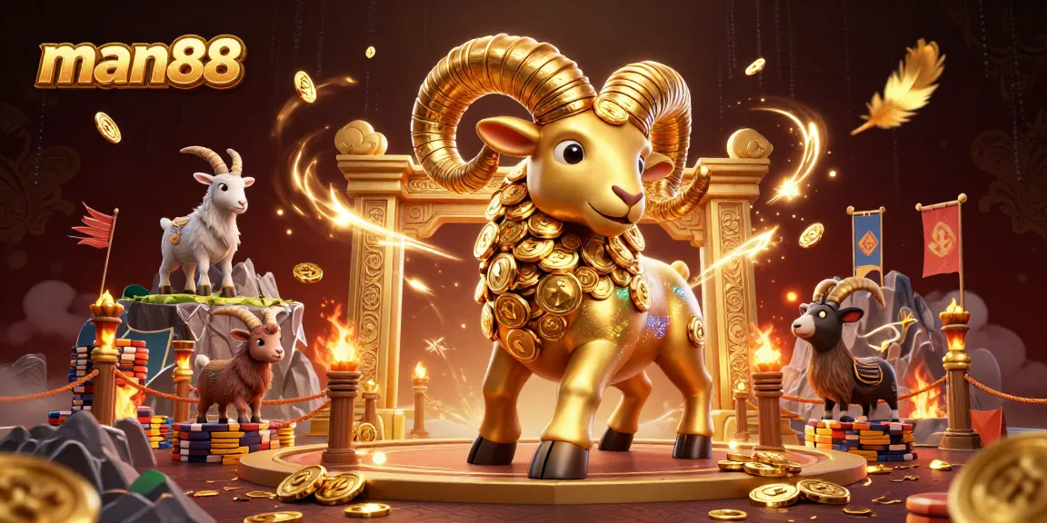 Engage with man88's thrilling casino scene featuring a golden ram charging amidst dynamic gambling elements.