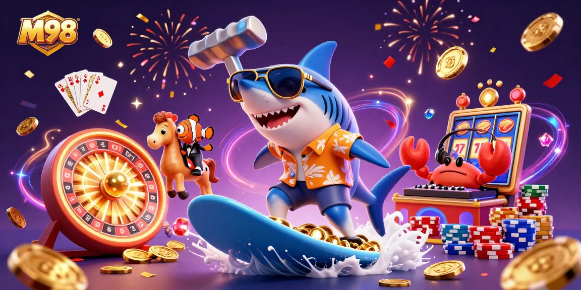 M98 offers thrilling gaming with dynamic scenes of winning slots and vibrant casino elements.
