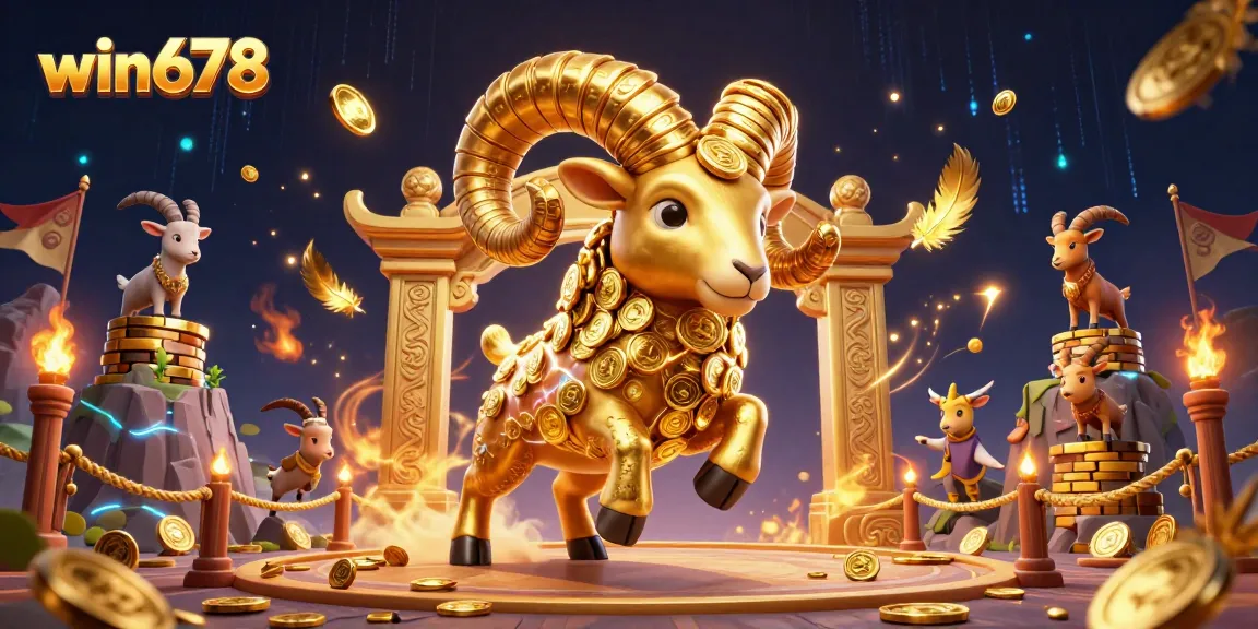 Experience thrilling wins with win678's vibrant 3D casino illustration featuring a golden ram and dynamic gaming elements.