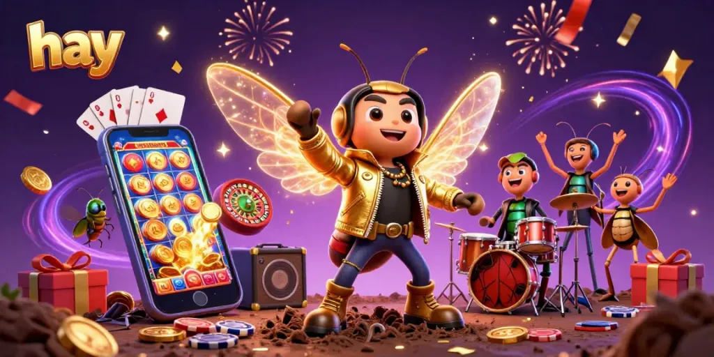 Experience the excitement of casino gaming with hay-themed illustrations featuring playful characters and vibrant game elements.
